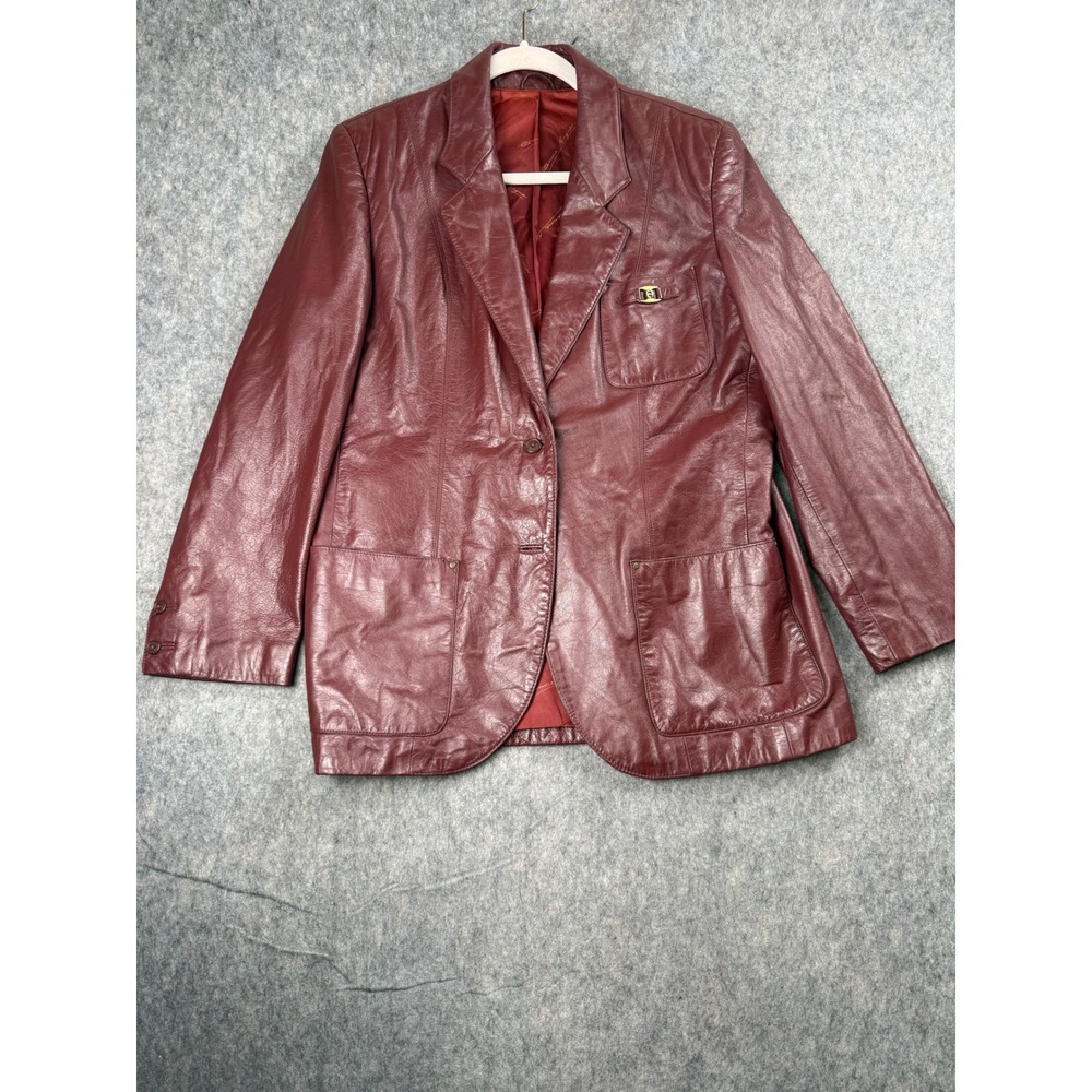Etienne Aigner Leather Blazer Jacket Womens 16 Burgundy Oxblood Vintage Preppy